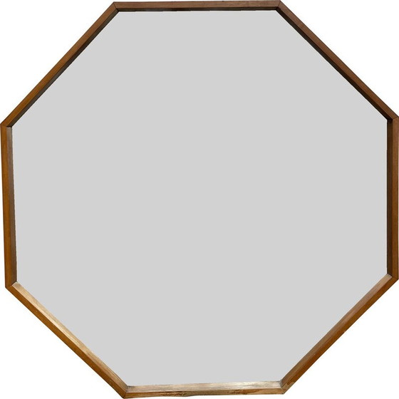 Image 1 of Miroir octogonal vintage en bois d'arbre fruitier, Danemark 1970