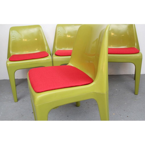 Image 1 of Ensemble de 4 chaises en plastique vert et tissu rose - années 1970