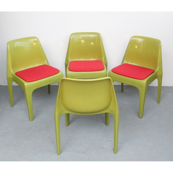 Image 1 of Ensemble de 4 chaises en plastique vert et tissu rose - années 1970