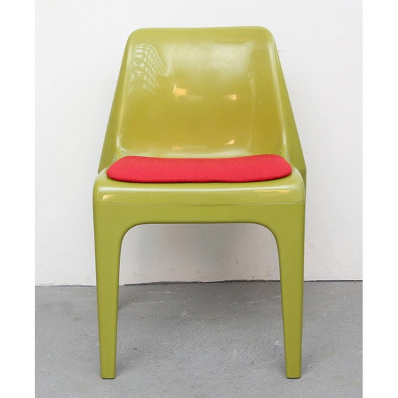 Image 1 of Ensemble de 4 chaises en plastique vert et tissu rose - années 1970