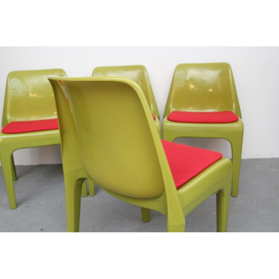Image 1 of Ensemble de 4 chaises en plastique vert et tissu rose - années 1970