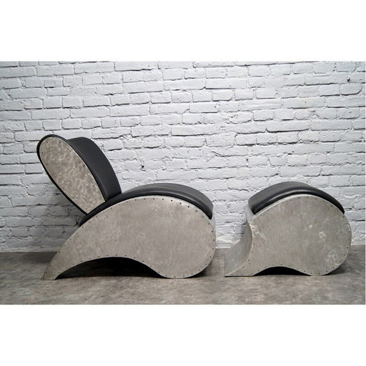 Fauteuil et ottoman vintage en aluminium et vinyle, 1970