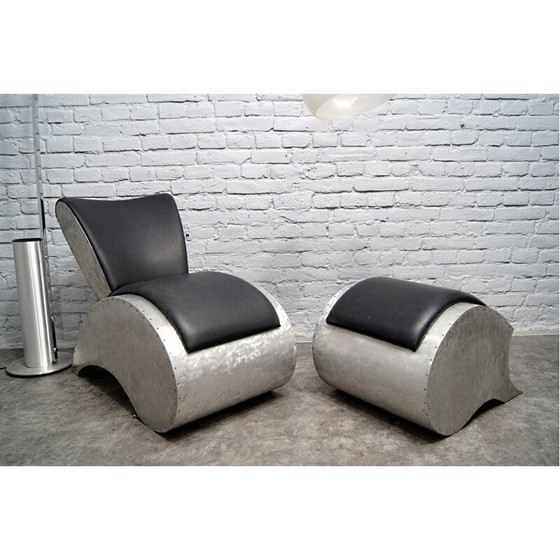 Image 1 of Fauteuil et ottoman vintage en aluminium et vinyle, 1970