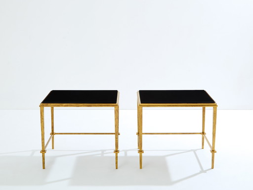 Paire de tables d'appoint Maison Ramsay Fer doré Laque noire 1950