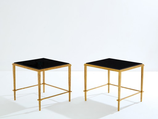 Paire de tables d'appoint Maison Ramsay Fer doré Laque noire 1950