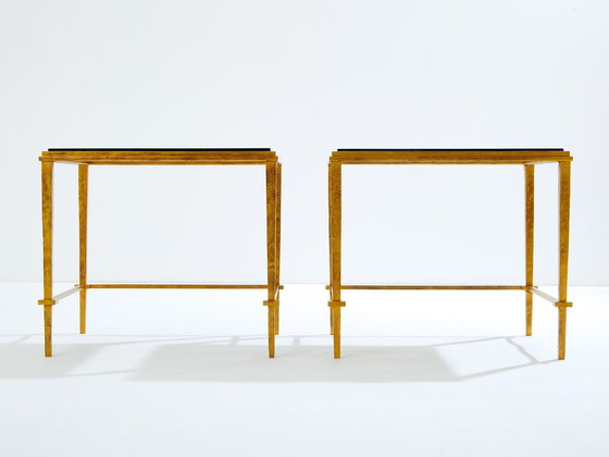 Image 1 of Paire de tables d'appoint Maison Ramsay Fer doré Laque noire 1950