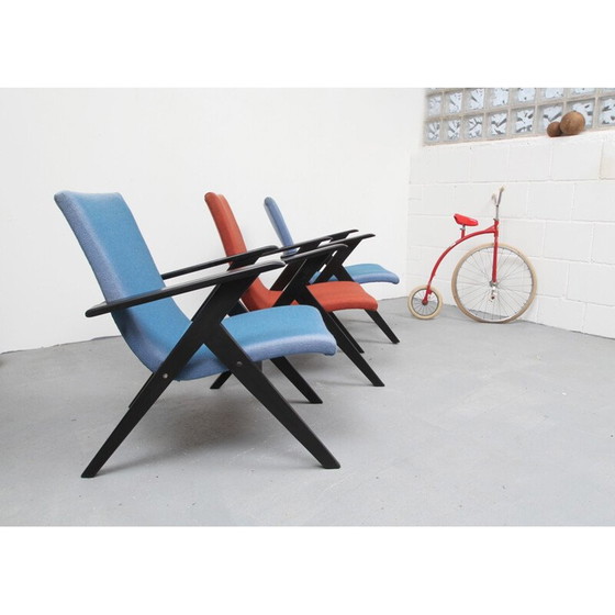 Image 1 of Fauteuil vintage en bois noir et tissu bleu - années 1950