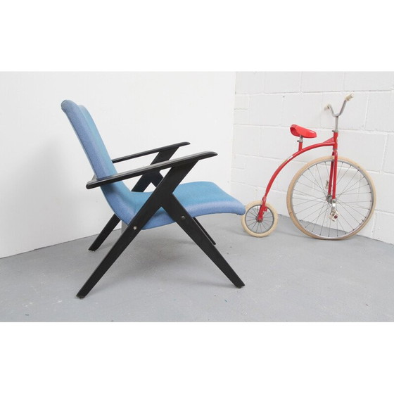 Image 1 of Fauteuil vintage en bois noir et tissu bleu - années 1950