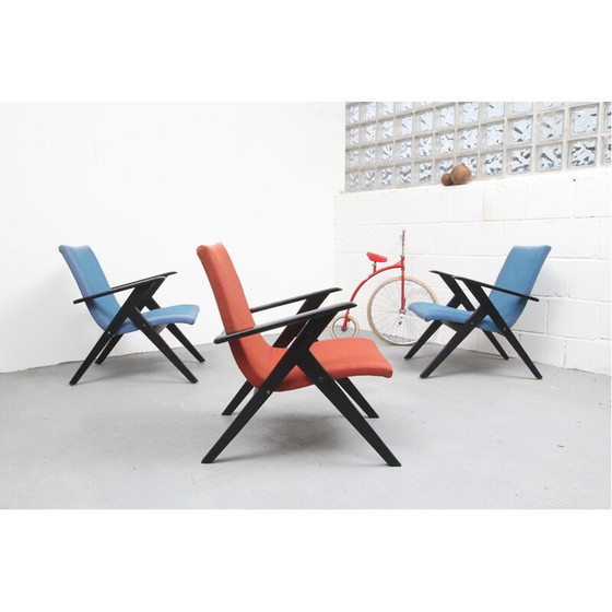 Image 1 of Fauteuil vintage en bois noir et tissu bleu - années 1950