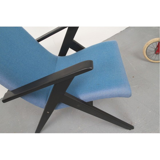 Image 1 of Fauteuil vintage en bois noir et tissu bleu - années 1950