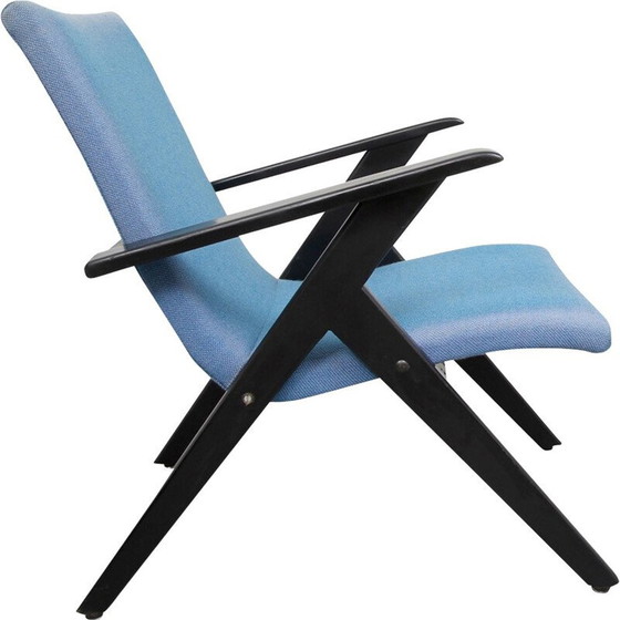 Image 1 of Fauteuil vintage en bois noir et tissu bleu - années 1950