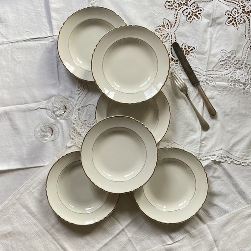 Lot De 6 Assiettes Creuses Faïence Ancienne Blanche Et Or Moulin Des Loups Orchies