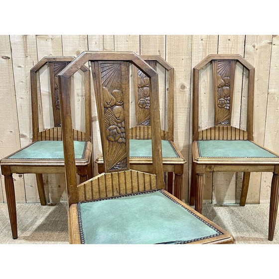 Image 1 of Ensemble de 4 chaises Art Déco en noyer et assise en skaï, 1930