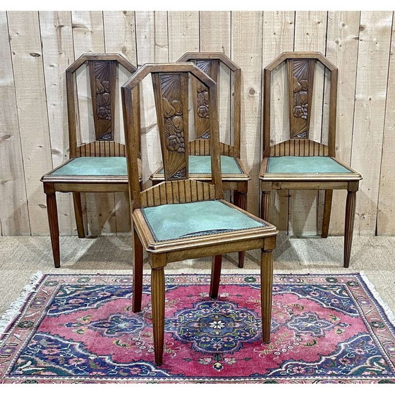 Image 1 of Ensemble de 4 chaises Art Déco en noyer et assise en skaï, 1930