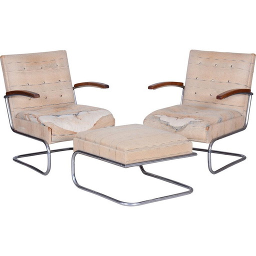 Paire de fauteuils Bauhaus vintage avec tabourets en acier chromé et en hêtre, Tchécoslovaquie 1920