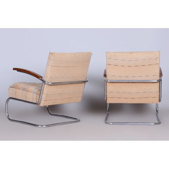 Image 1 of Paire de fauteuils Bauhaus vintage avec tabourets en acier chromé et en hêtre, Tchécoslovaquie 1920