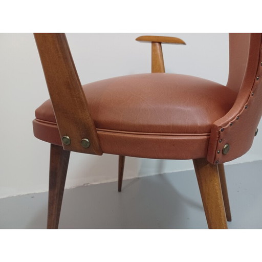 Fauteuil bridge vintage en hêtre massif et simili cuir, 1950