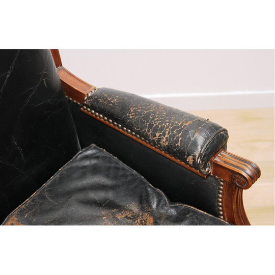 Image 1 of Fauteuils vintage Louis XVI en bois verni et cuir noir