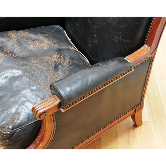 Image 1 of Fauteuils vintage Louis XVI en bois verni et cuir noir