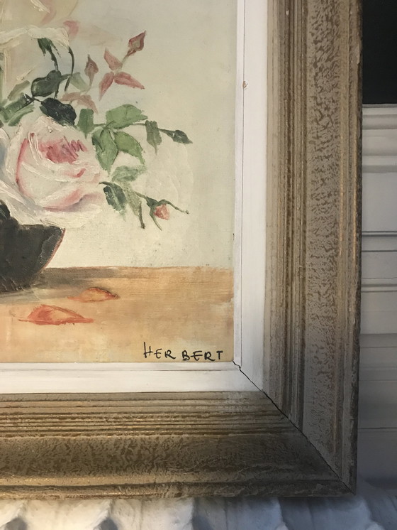 Image 1 of Huile Sur Toile "Corbeille De Roses"