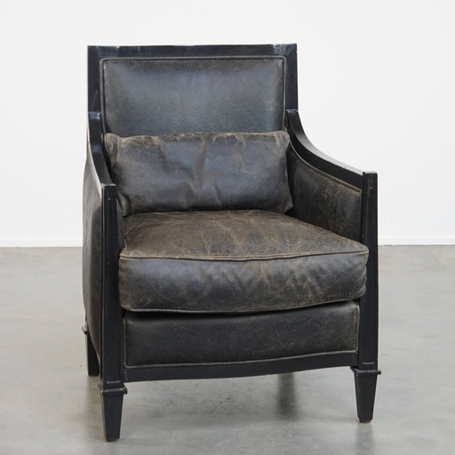 Fauteuil en bois et cuir de bœuf noir de style Art Déco