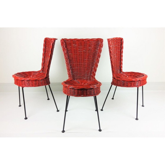 Image 1 of Ensemble de 3 chaises vintage en métal et rotin tressé, 1950