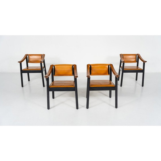 Image 1 of Ensemble de 4 fauteuils vintage en bois et cuir, Italie 1960