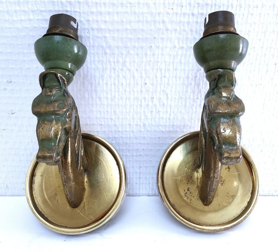 Image 1 of Paire Appliques Chevaux Bronze Patiné