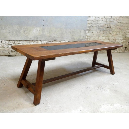 Table basse vintage en chêne et verre noir, 1970