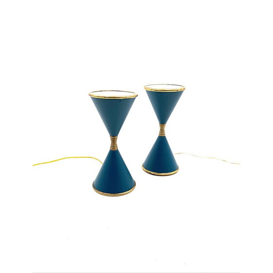 Image 1 of Paire de lampes de table vintage en laiton laqué "Clessidra" par Angelo Lelii pour d'Arredoluce Milan, Italie 1960