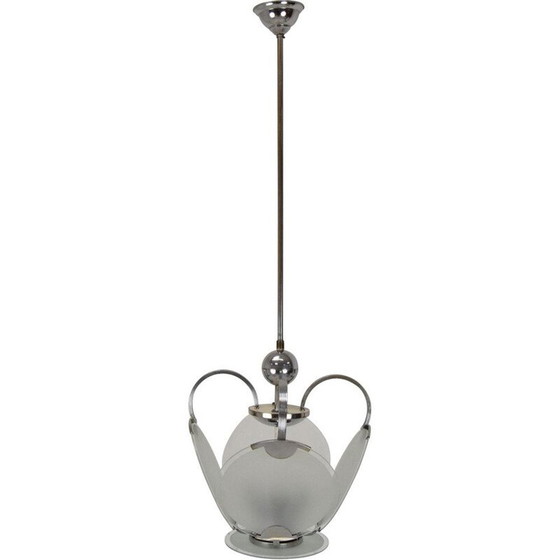 Image 1 of Lustre vintage art déco en verre et chrome, Tchécoslovaquie 1930