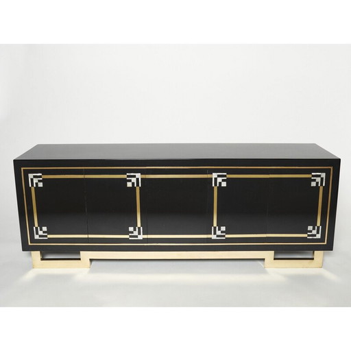 Buffet vintage en laque noire et laiton par Guy Lefèvre pour Maison Jansen, 1970