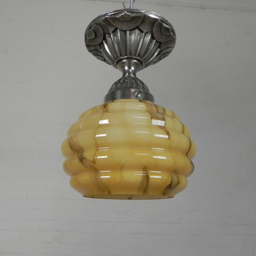 Lampe suspendue Art Déco avec abat-jour en verre, années 1930