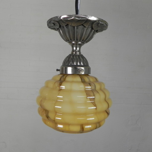 Lampe suspendue Art Déco avec abat-jour en verre, années 1930