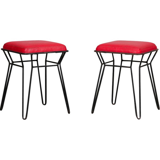 Tabourets vintage en métal et simili cuir rouge, 1960