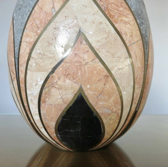 Image 1 of Grande Lampe, Style Art Deco, Motifs Géométriques, Placage Marbre Et Incrustations De Laiton 1970