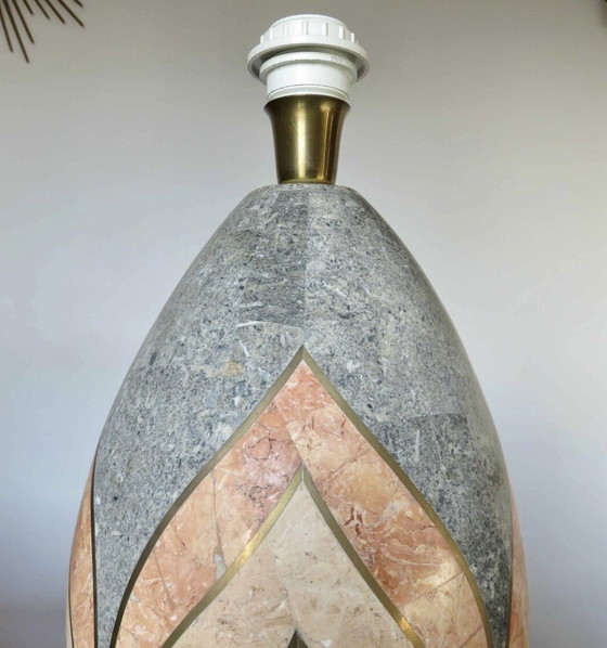 Image 1 of Grande Lampe, Style Art Deco, Motifs Géométriques, Placage Marbre Et Incrustations De Laiton 1970