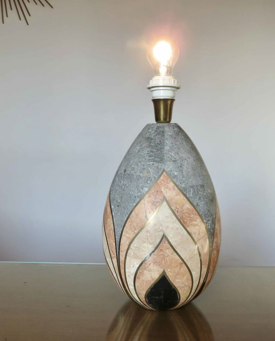 Image 1 of Grande Lampe, Style Art Deco, Motifs Géométriques, Placage Marbre Et Incrustations De Laiton 1970