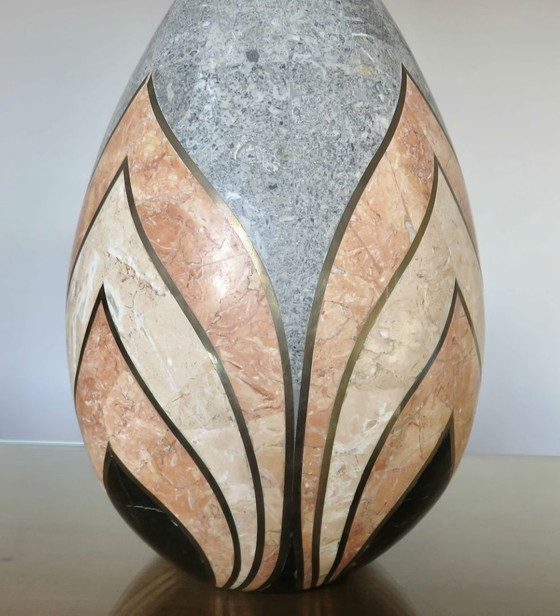 Image 1 of Grande Lampe, Style Art Deco, Motifs Géométriques, Placage Marbre Et Incrustations De Laiton 1970