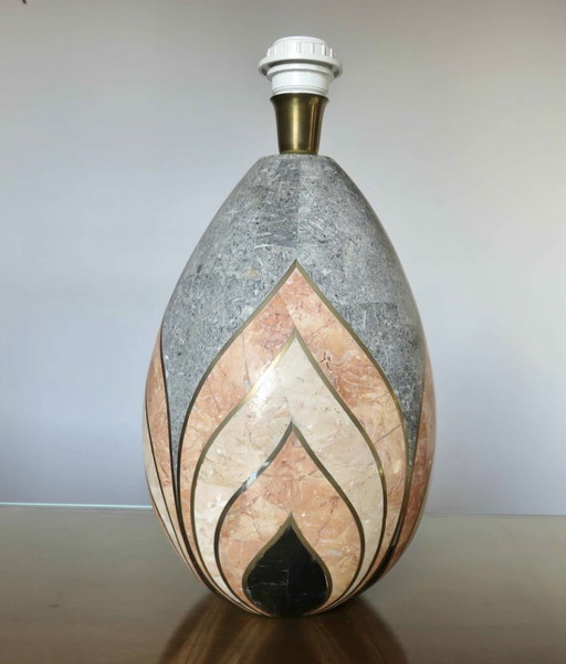 Grande Lampe, Style Art Deco, Motifs Géométriques, Placage Marbre Et Incrustations De Laiton 1970