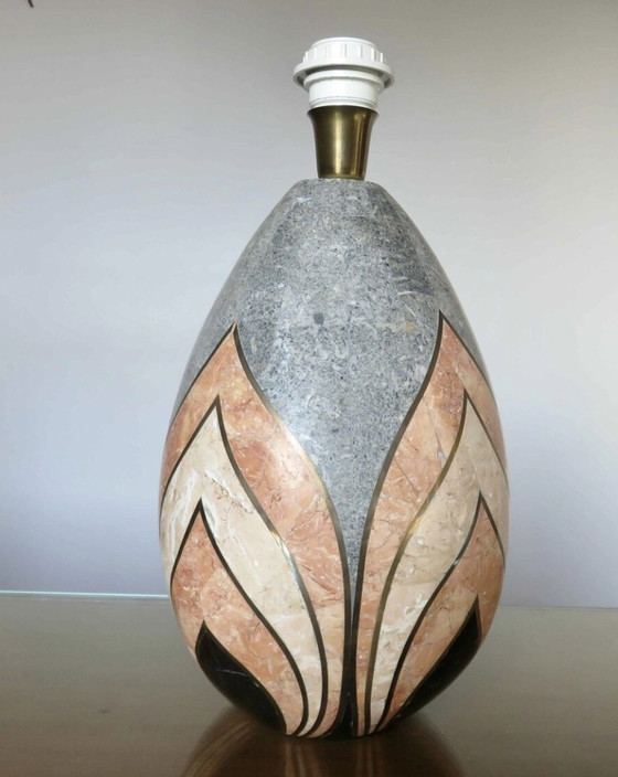 Image 1 of Grande Lampe, Style Art Deco, Motifs Géométriques, Placage Marbre Et Incrustations De Laiton 1970