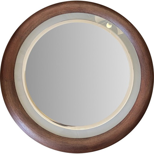 Miroir lumineux rond vintage dans un cadre en sapelli, 1970