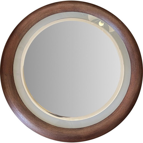 Image 1 of Miroir lumineux rond vintage dans un cadre en sapelli, 1970