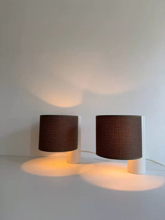 Image 1 of 2X Lampe De Table Vintage, Blanche Et Marron, “Fluette” Par Gramigna