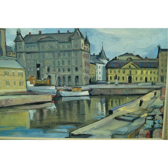 Image 1 of Peinture à l'huile vintage paysage urbain de Stockholm par Hjalmar Larsson, Suède 1940