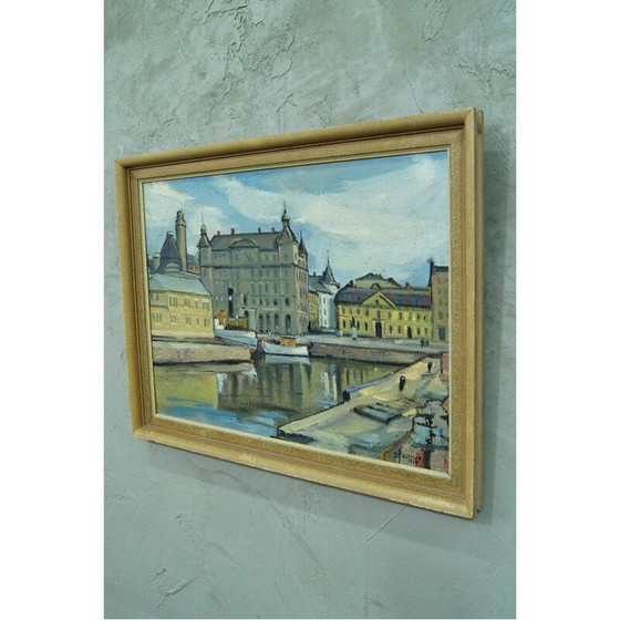 Image 1 of Peinture à l'huile vintage paysage urbain de Stockholm par Hjalmar Larsson, Suède 1940