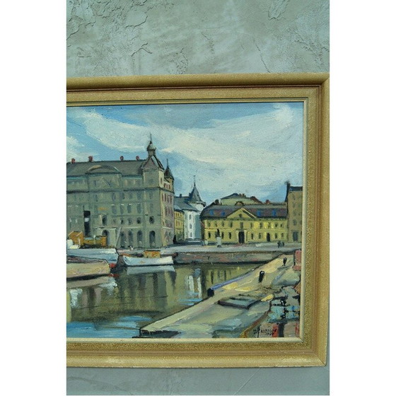 Image 1 of Peinture à l'huile vintage paysage urbain de Stockholm par Hjalmar Larsson, Suède 1940