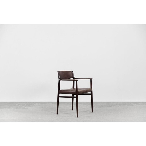 Image 1 of Fauteuil de direction vintage en bois massif et cuir marron par Arne Vodder, Danemark 1960