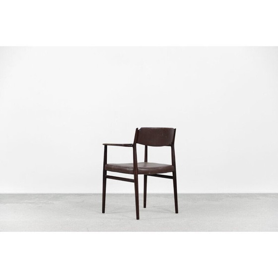 Image 1 of Fauteuil de direction vintage en bois massif et cuir marron par Arne Vodder, Danemark 1960