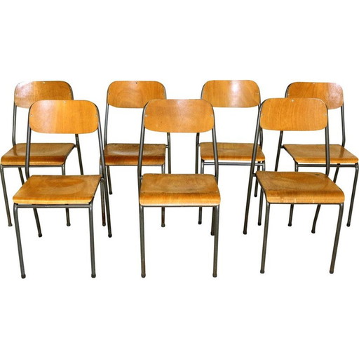 Ensemble de 7 chaises d'école vintage Suède 1950